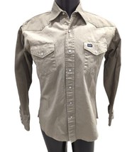 VTG Wrangler Pearl Snap Khaki Shirt Men&#39;s Size Medium Work Western Pockets Beige - £31.63 GBP