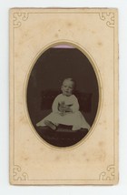CIRCA 1860&#39;S Paper Framed Hand Tinted TINTYPE Adorable Little Baby Holding Toy - £12.34 GBP