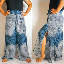 Blue Floral Palazzo Wrap Pants, Hippie Pants, Boho Harem Flow Pants - £14.51 GBP