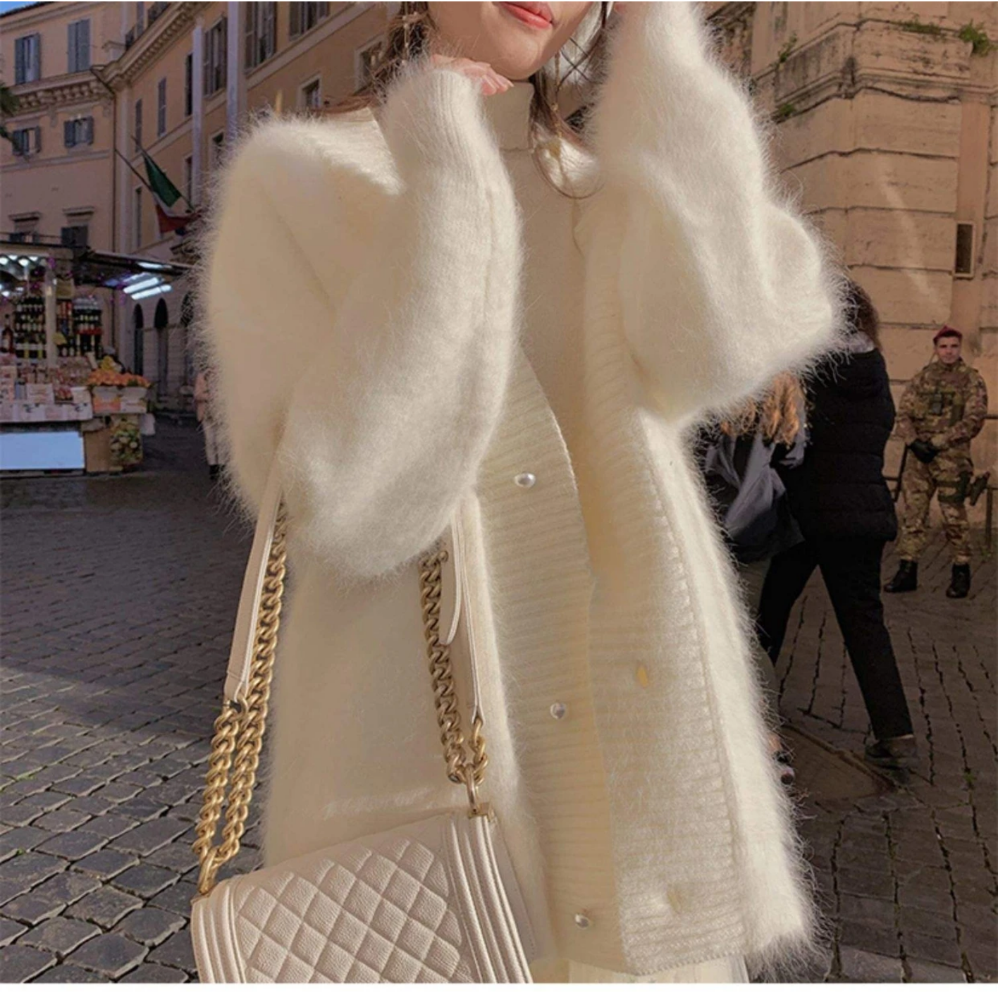 Chic Autumn Winter Pearl Button V Neck Knitted Mohair Thick Loose Sweater Jacket