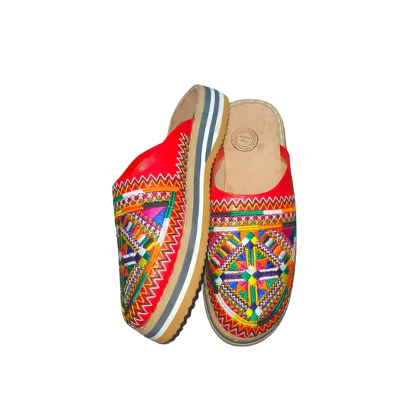 Berber Embroidered Leather Slippers  Red Artisan Comfort - $75.00