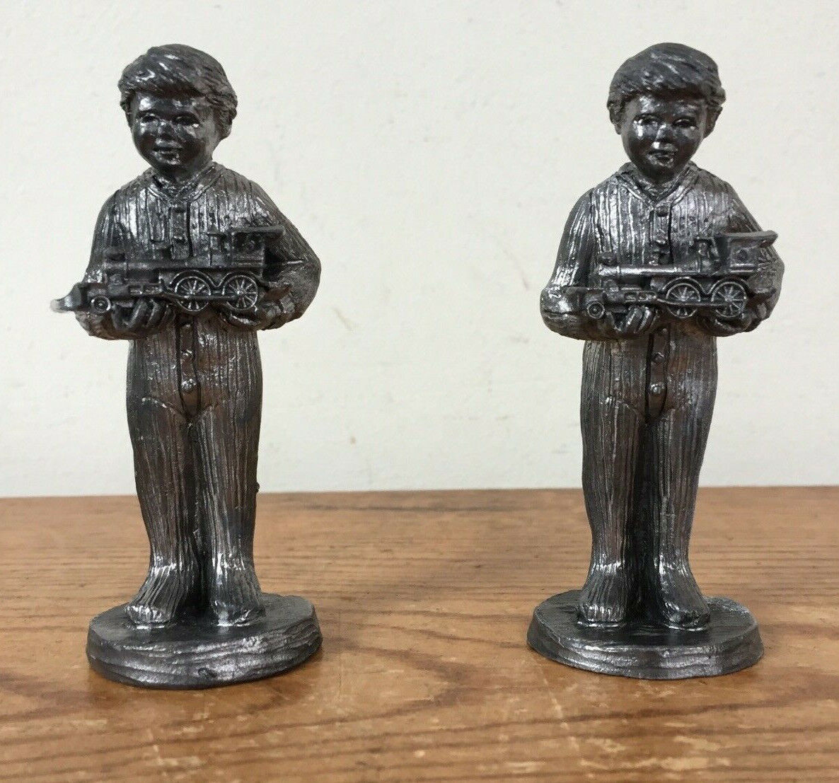 Pair Vtg Michael Ricker Pewter Christmas Train Boys Figurines Handcrafted USA - $39.99