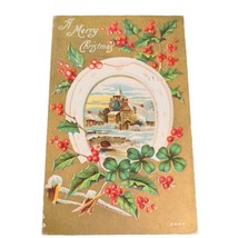 Postcard Christmas White Lucky Horseshoe with Scene Inside Embossed 1909 Posted - £5.56 GBP