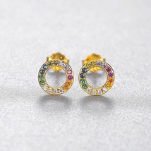 CZCITY Stud Earrings for Women 925 Silver Rainbow Color Circle Cubic Zircon Fine - £15.38 GBP