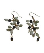 VTG Natural Stone Beaded Cluster Dangle Earrings Cream Green Black Gold ... - $12.62