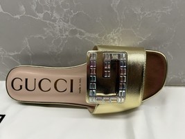 Gucci GG Madelyn’s Gold Leath Crystal Mules Heels Sandals Shoes  Size 7 ... - $420.75