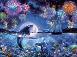 Framed canvas art print giclee tropical fish orca whales dolphins ocean at night - £31.27 GBP+