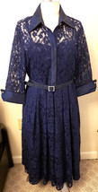 Eliza J Taffeta Midi A-Line Belted Point Collar Lace Cocktail Dress Sz.14 Navy - £63.85 GBP