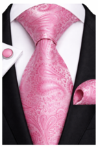 Pink Paisley Necktie Set with Handkerchief and Cufflinks - $18.99