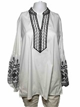 Chicos Shirt Women&#39;s Size 8 Medium White Black Embroidery Puff Sleeve Bohemian - £18.16 GBP