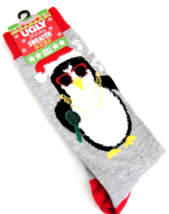 Men&#39;s Ugly Holiday Sweater Socks Size 10-13 Singing Fuzzy Penguin w Santa Hat - £7.15 GBP