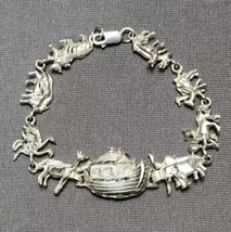 Vintage Sterling Silver Noah&#39;s Ark Bracelet 7.75&quot; Animal Links .925 Jewelry - £43.17 GBP