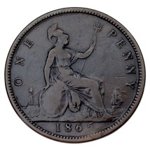 1865 Great Britain Penny VF Condition KM #794.2 Rim Bump on Rx - $41.57