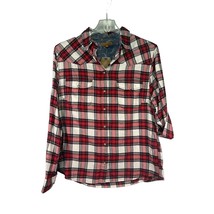 Jachs Girlfriend Button Front Shirt Medium Dark Red Plaid Flannel Roll Tab - £16.02 GBP