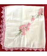 Vintage Ladies Hankie Embroidered Pink Flowers &amp; Tatted Pink Edge - €6,92 EUR