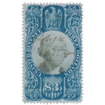 R125 $3 Second Issue, Blue &amp; Black, George Washington, USA Revenue Stamp... - £44.51 GBP