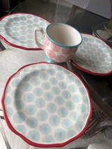 Pioneer Woman Happiness Red Rim Turquoise 8.5&quot; Salad Plates Scalloped Edge PLUS - £18.14 GBP