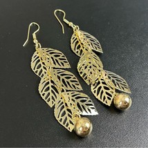 Hollow Leaf with Beads Gold Lightweight Chandelier Dangle Earrings, New! - £10.20 GBP