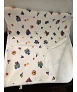 Vintage Baby Blanket White Multicolor Toys Wagons Bears Flowers Balloons - £38.84 GBP