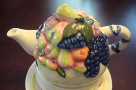 Tower Teapot, cup and underplate, decorated with fruits STACKABLE [80D] - $34.65