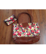 Handmade Japanese Red Floral Fabric Camellia Leather Tote Handbag Wallet... - $178.19