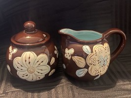 Pier 1 Imports Cassidy creamer and lidded sugar bowl set brown and blue floral - £17.33 GBP