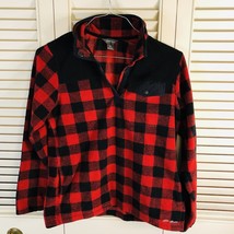 Eddie Bauer Womens Sweater Size Medium Red Buffalo Plaid Fleece Snap Pockets - £15.02 GBP