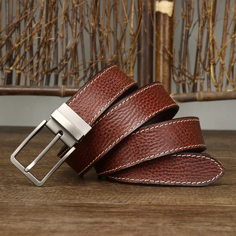 3.3CM Retro Men&#39;s Real Genuine Leather Belts For Men Vintage Pin Buckle -125CM - £44.76 GBP