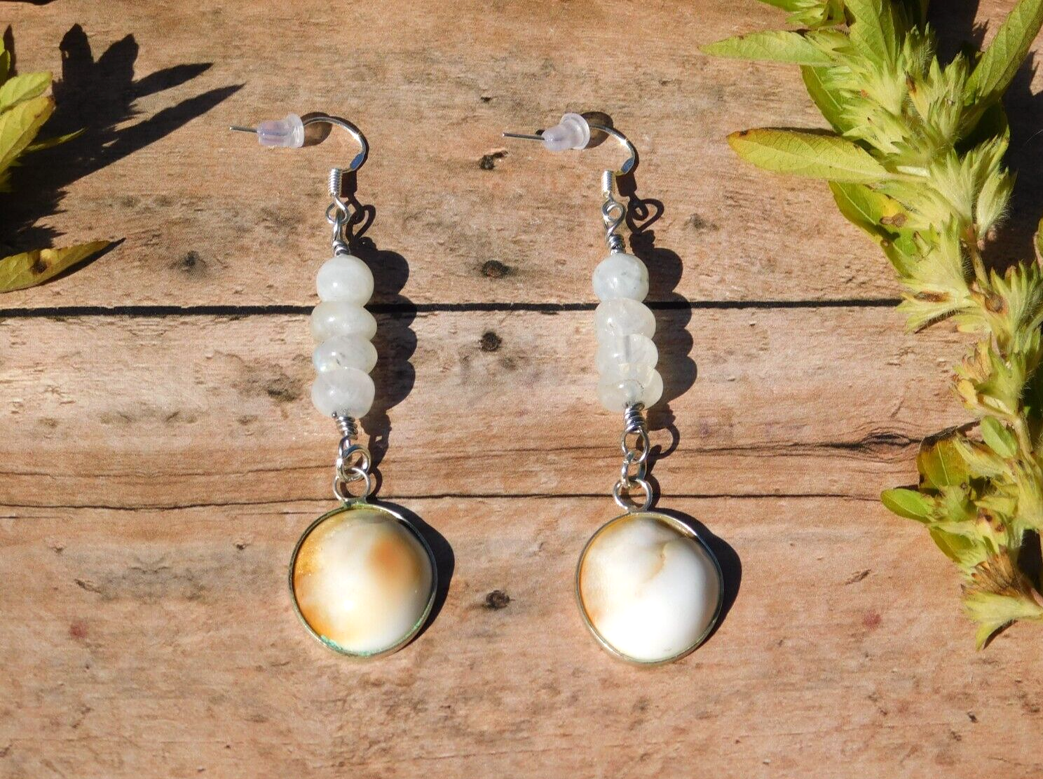 Primary image for Shiva Shell Earrings with Moonstone and Sterling Silver Hooks for Energy Healing