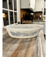 Vintage Glasbake BLUE CURRIER &amp; IVES Casserole Dish Milk Glass Steamboat - £9.37 GBP