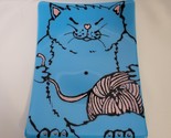 Blue Cat Fused Art Glass Hand Painted Rectangle Decorative Dish Plate 8x11&quot; - $28.70