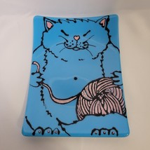 Blue Cat Fused Art Glass Hand Painted Rectangle Decorative Dish Plate 8x11&quot; - £22.56 GBP