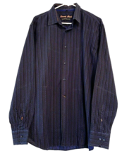 Visconti Black Shirt Men&#39;s L Blue and Black Polka Dot Stripes Button Up ... - $10.50