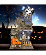 Haunted House Metal Halloween Decor Tealight Holder Witch Ghost Spider Moon - £58.22 GBP