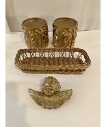 Pair Of Luminessence Golden Pillar Candle Holders With Wicker Basket And... - $13.10