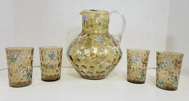 Antique Blown Glass Hand Painted Pitcher &amp; 4 Cups Applied Handle Flowers... - $51.38