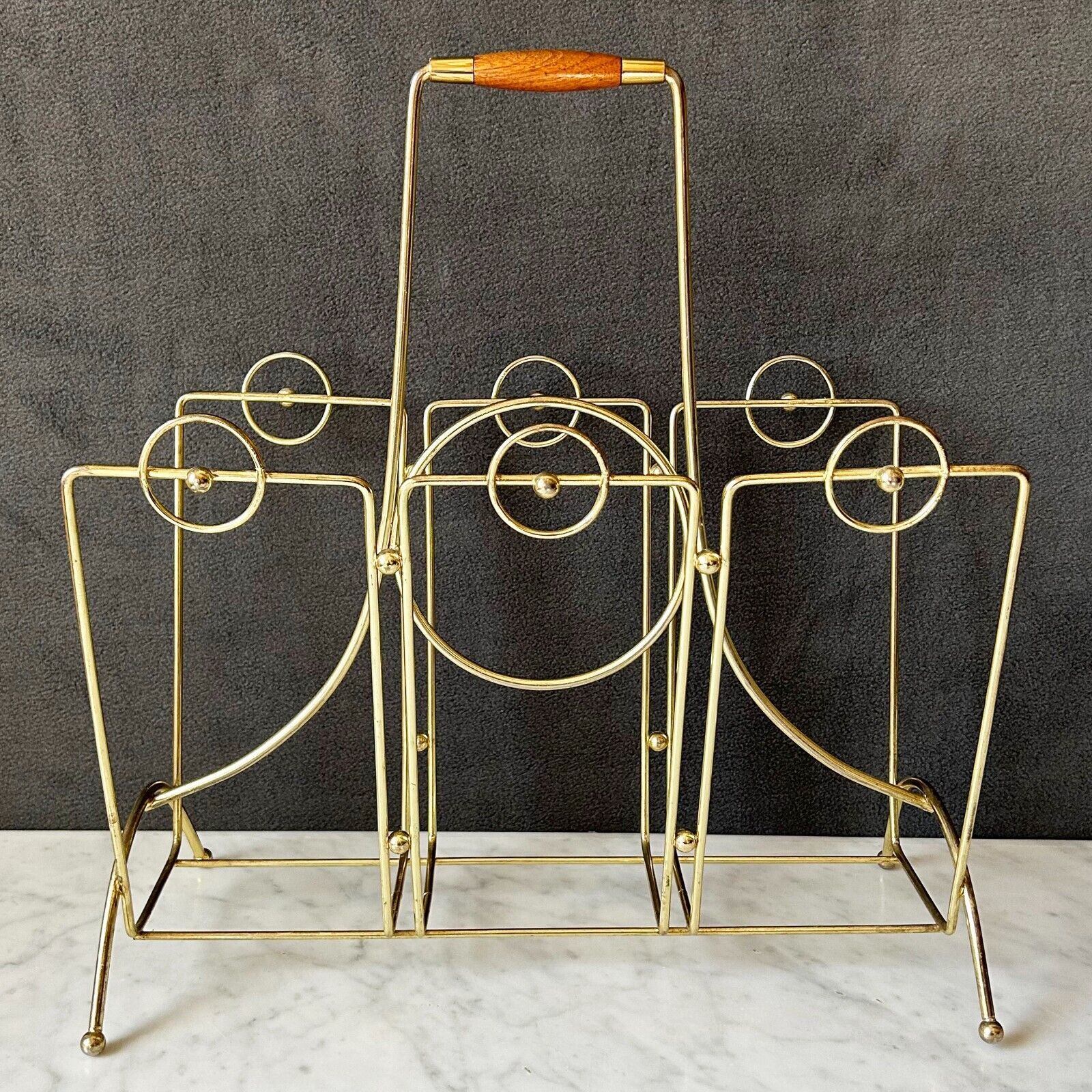 Mid Century Modern Danish Brass Wood Handle Magazine/Record Rack Atomic ...