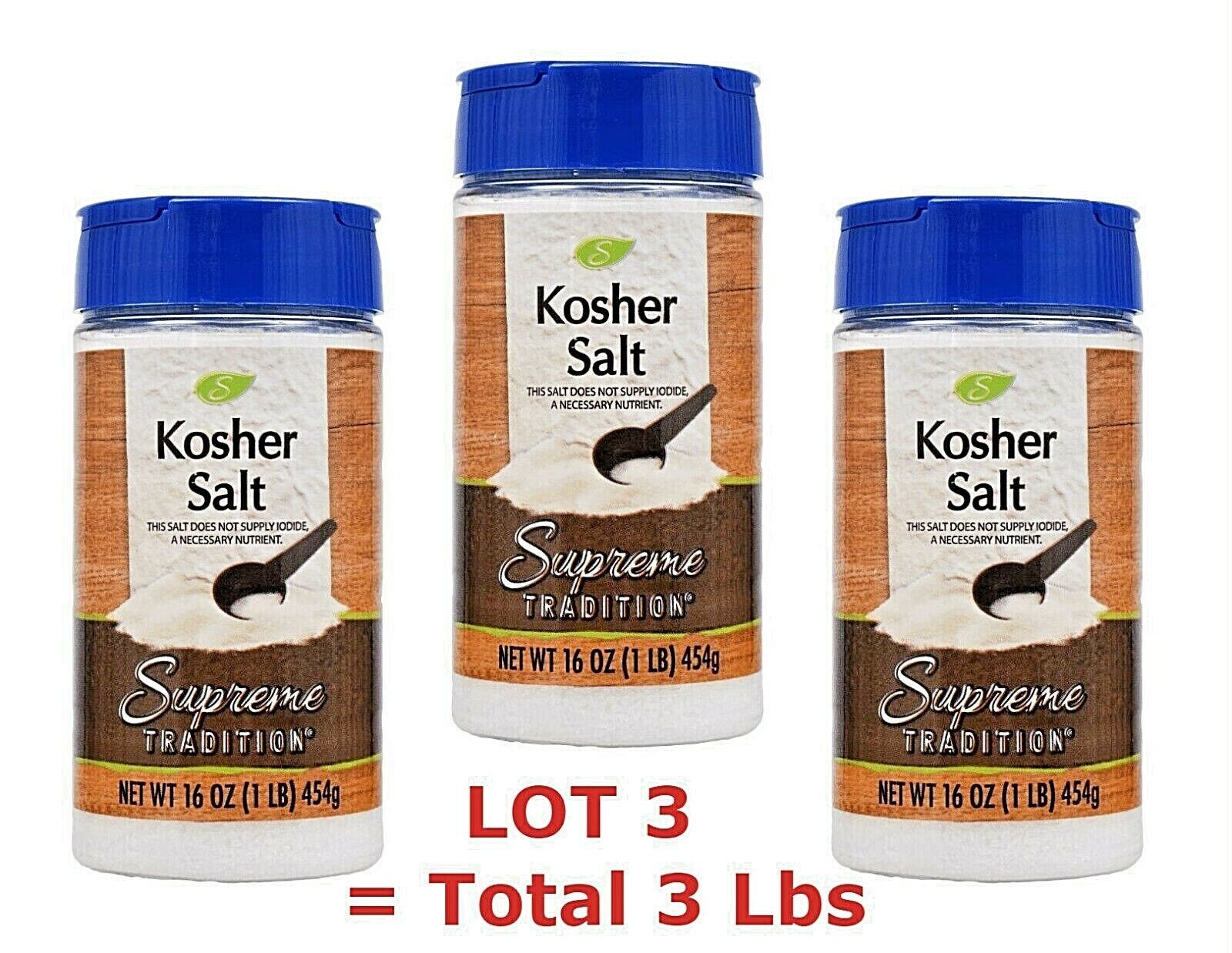 ( LOT 3 = 3 Lbs ) Supreme Tradition Kosher Salt (No Iodide) 16 oz Each - $19.79