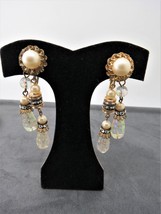 Vintage Dangle Earrings Glass Dangles Rondel Beads Clip On AB Flash 2.25&quot; Long - £7.89 GBP