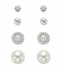 CRYSTAL AND SIMULATED WHITE PEARL 5 PAIR STUD EARRINGS SET SILVERTONE - £55.94 GBP