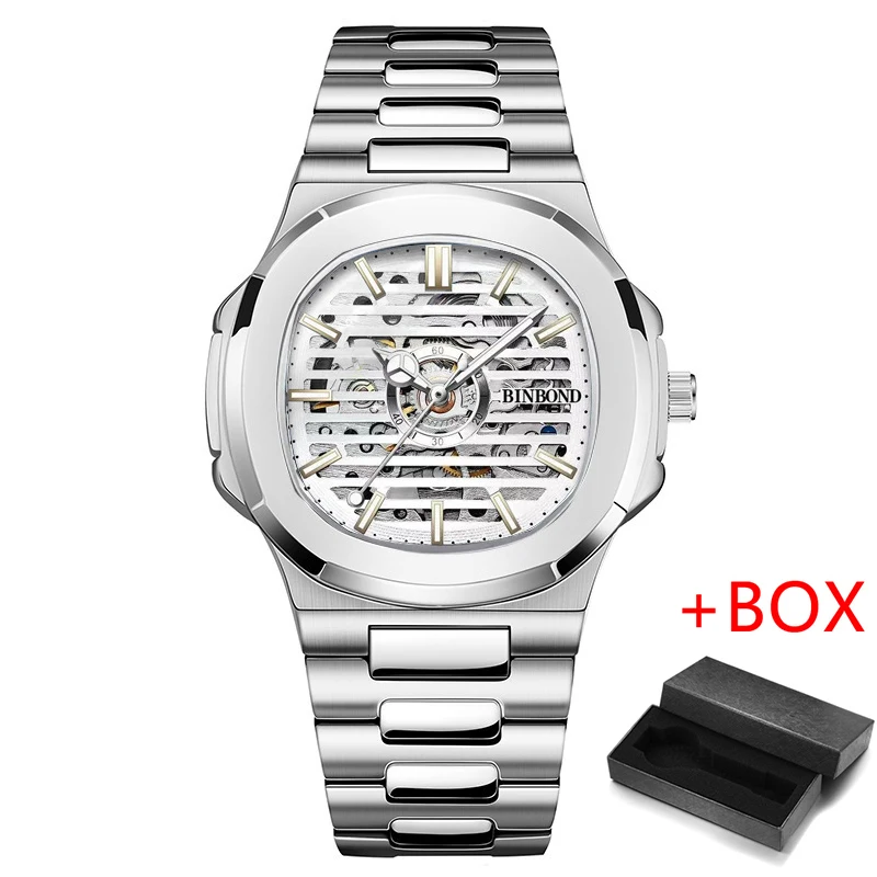 BINBOND 2024 New Fashion Skeleton Dial Mechanical Watch Stainless Steel Waterpro - £104.10 GBP