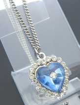 Clear Rhinestone Blue Glass Heart Pendant Necklace Pendant Silver Tone Vintage - £22.72 GBP