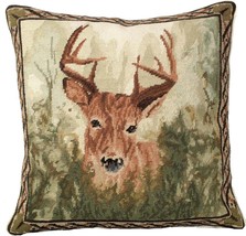 Throw Pillow Needlepoint Stag in Forest 18x18 Beige Wool Cotton Velvet Handmade - £231.01 GBP