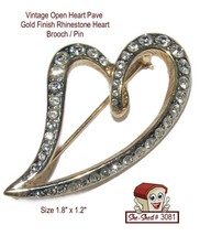 Vintage Pin Open Heart Pave Gold Finish Rhinestone Heart Brooch - $14.95