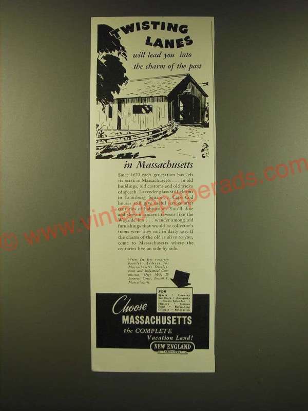 1947 Massachusetts Tourism Ad - Twisting lanes will lead you into the charm - $18.49