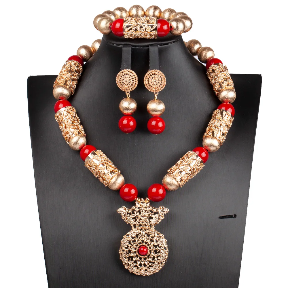 Gold and Red African Beads Wedding Jewelry Set Fashion Owl Shape Pendant Necklac - £45.86 GBP