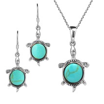 Sea Life Happy Turtles Green TQ .925 Sterling Silver Necklace Earrings Set - £26.25 GBP