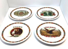 Pottery Barn Dessert Plates Fireside Club Set of 4 Cigar Box Label Desig... - $19.79