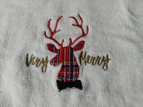Christmas Hand Dish Towel Embroidered Plaid Reindeer Cotton 11x16 - $9.50