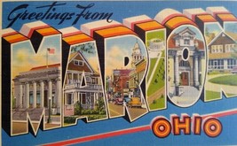 Greetings From Marion Ohio Flag Buildings Large Big Letter Postcard Linen Unused - £5.69 GBP